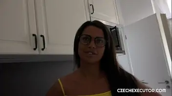Chubby teen with glasses get fucked over the stove
