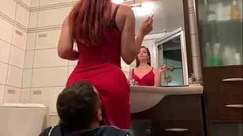 Girl in red dress shows pussy in public